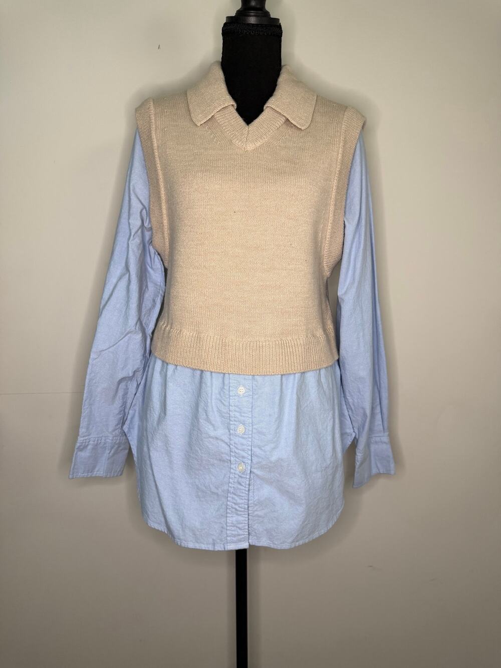 Calvin Klein Jeans Layered Sweater Vest Button Down Top Women’s L Beige Blue